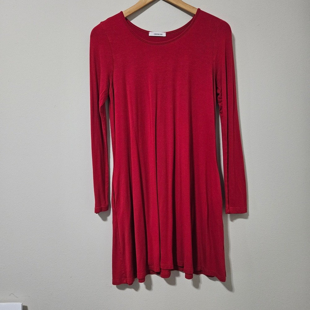 Cherish Womens Red Long Sleeve‎ Swing Dress Pockets Mini D5391 Made in USA Small